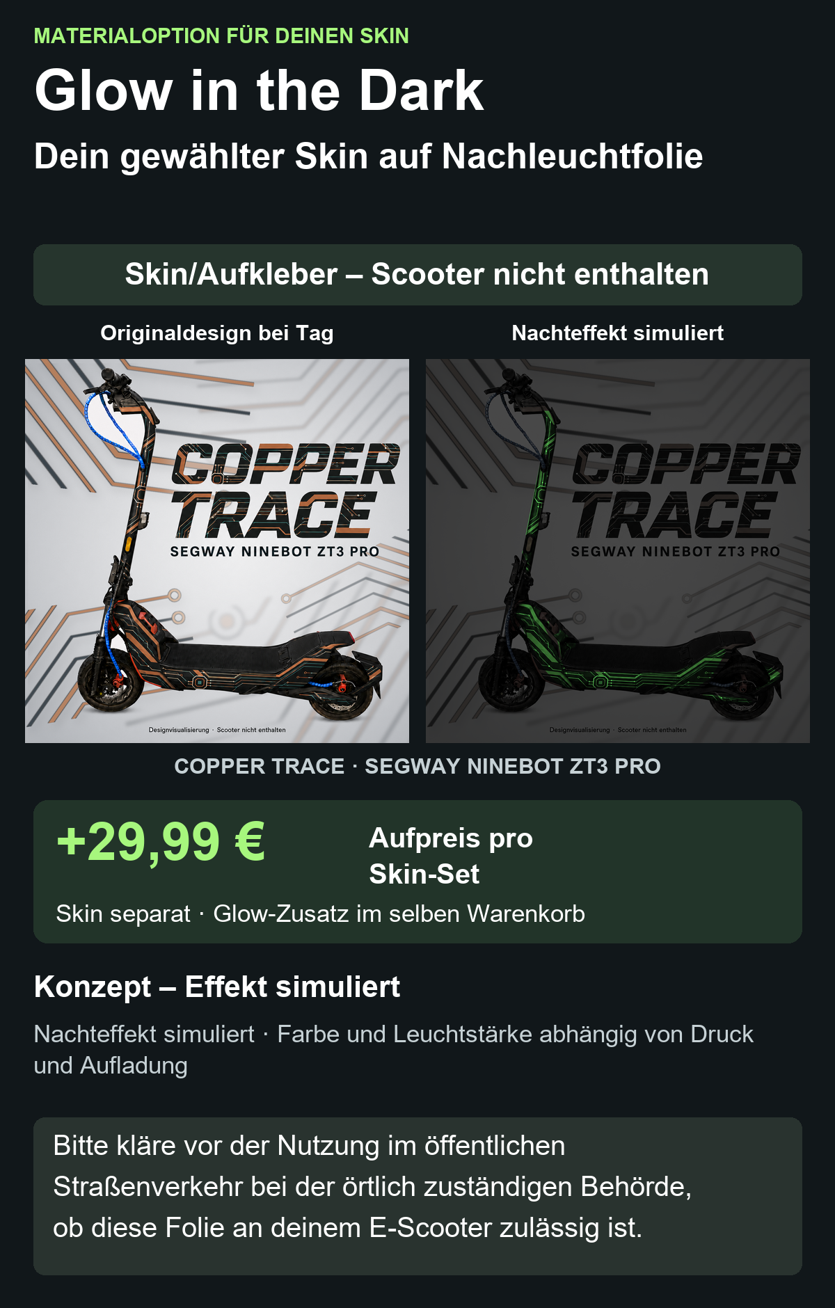 COPPER TRACE · SEGWAY NINEBOT ZT3 PRO – Glow Zusatzoption +29,99 €; Skin separat; Effekt simuliert; Scooter nicht enthalten. Bitte kläre vor der Nutzung im öffentlichen Straßenverkehr bei der örtlich zuständigen Behörde, ob diese Folie an deinem E-Scooter zulässig ist.