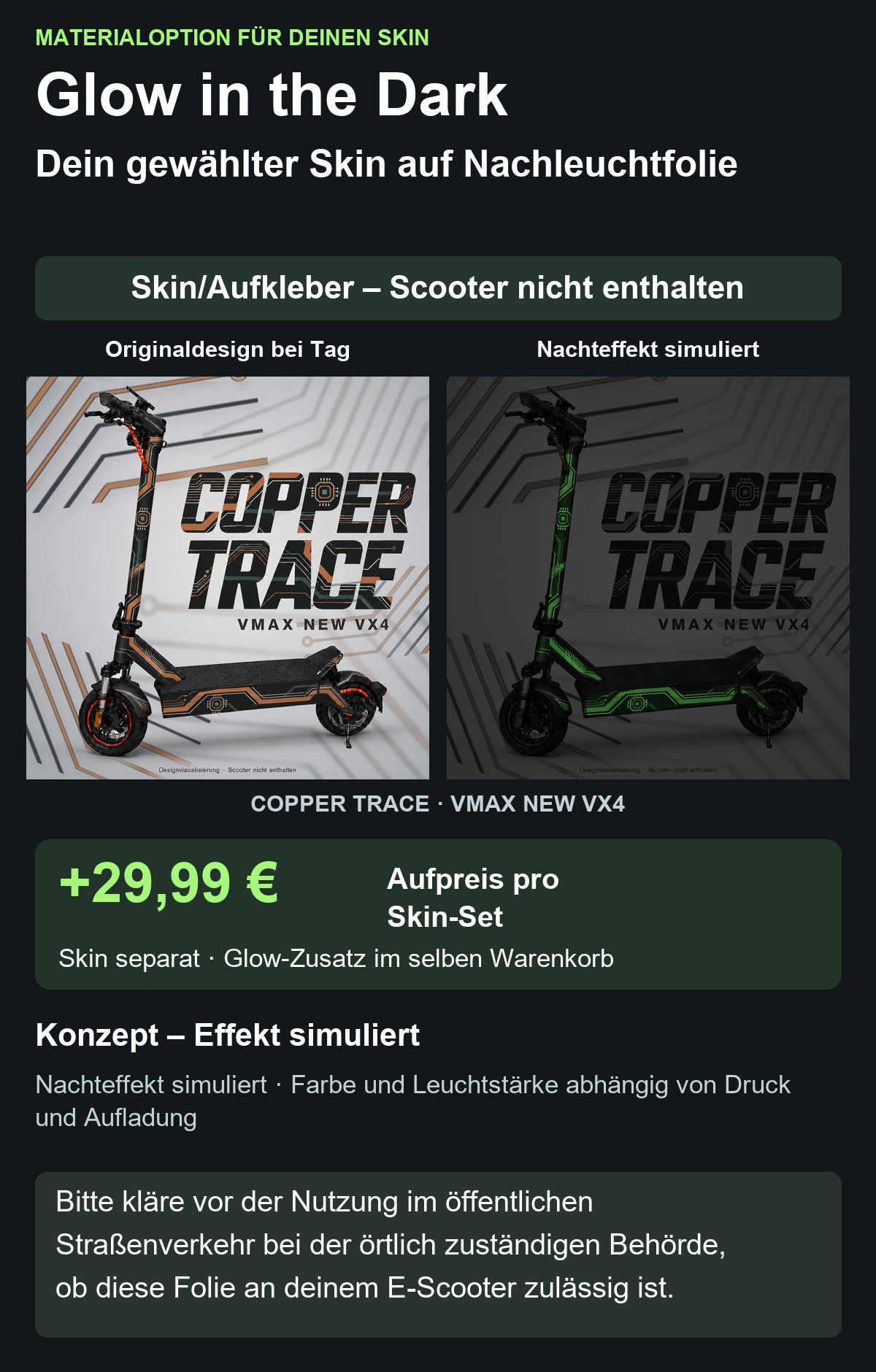 COPPER TRACE · VMAX NEW VX4 – Glow Zusatzoption +29,99 €; Skin separat; Effekt simuliert; Scooter nicht enthalten. Bitte kläre vor der Nutzung im öffentlichen Straßenverkehr bei der örtlich zuständigen Behörde, ob diese Folie an deinem E-Scooter zulässig ist.