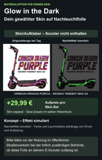 Crimson Dragon Purple auf MAX G3 – Originaldesign bei Tag und simulierter grüner Nachteffekt; Skin separat, Scooter nicht enthalten. Bitte kläre vor der Nutzung im öffentlichen Straßenverkehr bei der örtlich zuständigen Behörde, ob diese Folie an deinem E-Scooter zulässig ist.