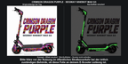 Crimson Dragon Purple auf MAX G3 – Originaldesign bei Tag und simulierter grüner Nachteffekt; Skin separat, Scooter nicht enthalten. Bitte kläre vor der Nutzung im öffentlichen Straßenverkehr bei der örtlich zuständigen Behörde, ob diese Folie an deinem E-Scooter zulässig ist.