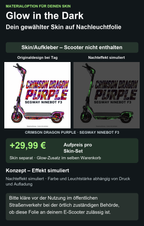 CRIMSON DRAGON PURPLE · SEGWAY NINEBOT F3 – Glow Zusatzoption +29,99 €; Skin separat; Effekt simuliert; Scooter nicht enthalten. Bitte kläre vor der Nutzung im öffentlichen Straßenverkehr bei der örtlich zuständigen Behörde, ob diese Folie an deinem E-Scooter zulässig ist.