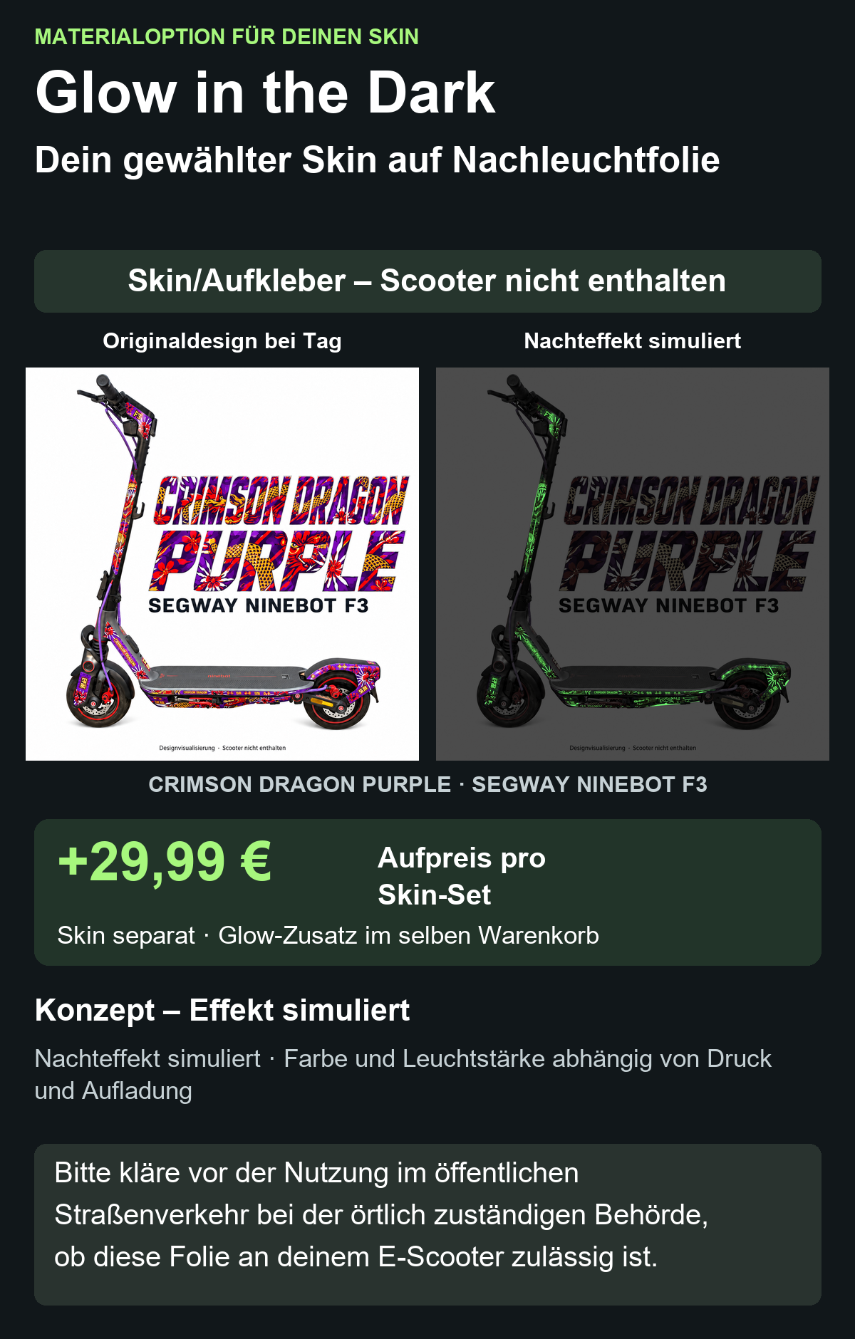 CRIMSON DRAGON PURPLE · SEGWAY NINEBOT F3 – Glow Zusatzoption +29,99 €; Skin separat; Effekt simuliert; Scooter nicht enthalten. Bitte kläre vor der Nutzung im öffentlichen Straßenverkehr bei der örtlich zuständigen Behörde, ob diese Folie an deinem E-Scooter zulässig ist.