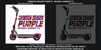 CRIMSON DRAGON PURPLE · SEGWAY NINEBOT F3 – Original bei Tag und simulierter grüner Nachleuchteffekt; Effekt simuliert; Scooter nicht enthalten. Bitte kläre vor der Nutzung im öffentlichen Straßenverkehr bei der örtlich zuständigen Behörde, ob diese Folie an deinem E-Scooter zulässig ist.