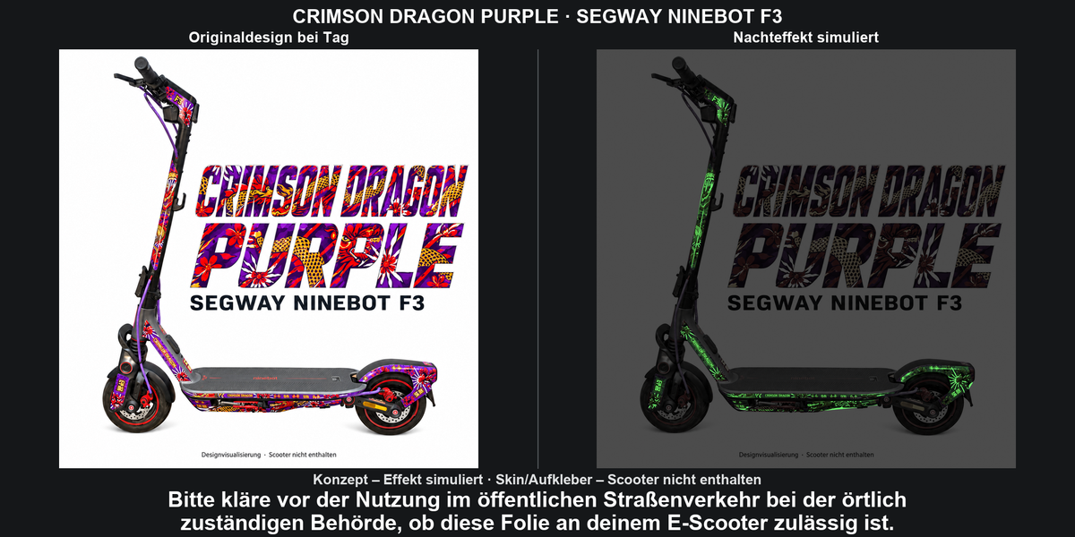 CRIMSON DRAGON PURPLE · SEGWAY NINEBOT F3 – Original bei Tag und simulierter grüner Nachleuchteffekt; Effekt simuliert; Scooter nicht enthalten. Bitte kläre vor der Nutzung im öffentlichen Straßenverkehr bei der örtlich zuständigen Behörde, ob diese Folie an deinem E-Scooter zulässig ist.