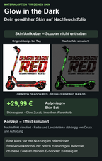 Glow-Material für Crimson Dragon Red / MAX G3: +29,99 Euro Aufpreis pro Skin-Set, Skin separat im selben Warenkorb. Effekt simuliert; Scooter nicht enthalten. Bitte kläre vor der Nutzung im öffentlichen Straßenverkehr bei der örtlich zuständigen Behörde, ob diese Folie an deinem E-Scooter zulässig ist.