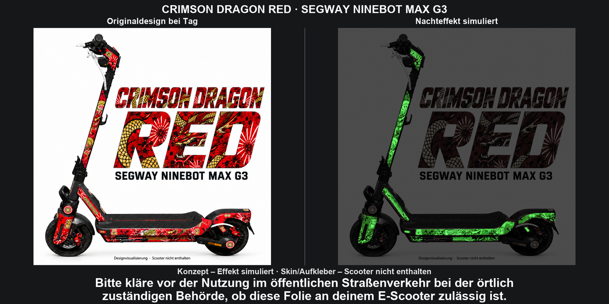 Crimson Dragon Red / Segway Ninebot MAX G3: Originaldesign bei Tag und simulierter grüner Nachteffekt nur auf Skinflächen. Konzept; Scooter nicht enthalten. Bitte kläre vor der Nutzung im öffentlichen Straßenverkehr bei der örtlich zuständigen Behörde, ob diese Folie an deinem E-Scooter zulässig ist.