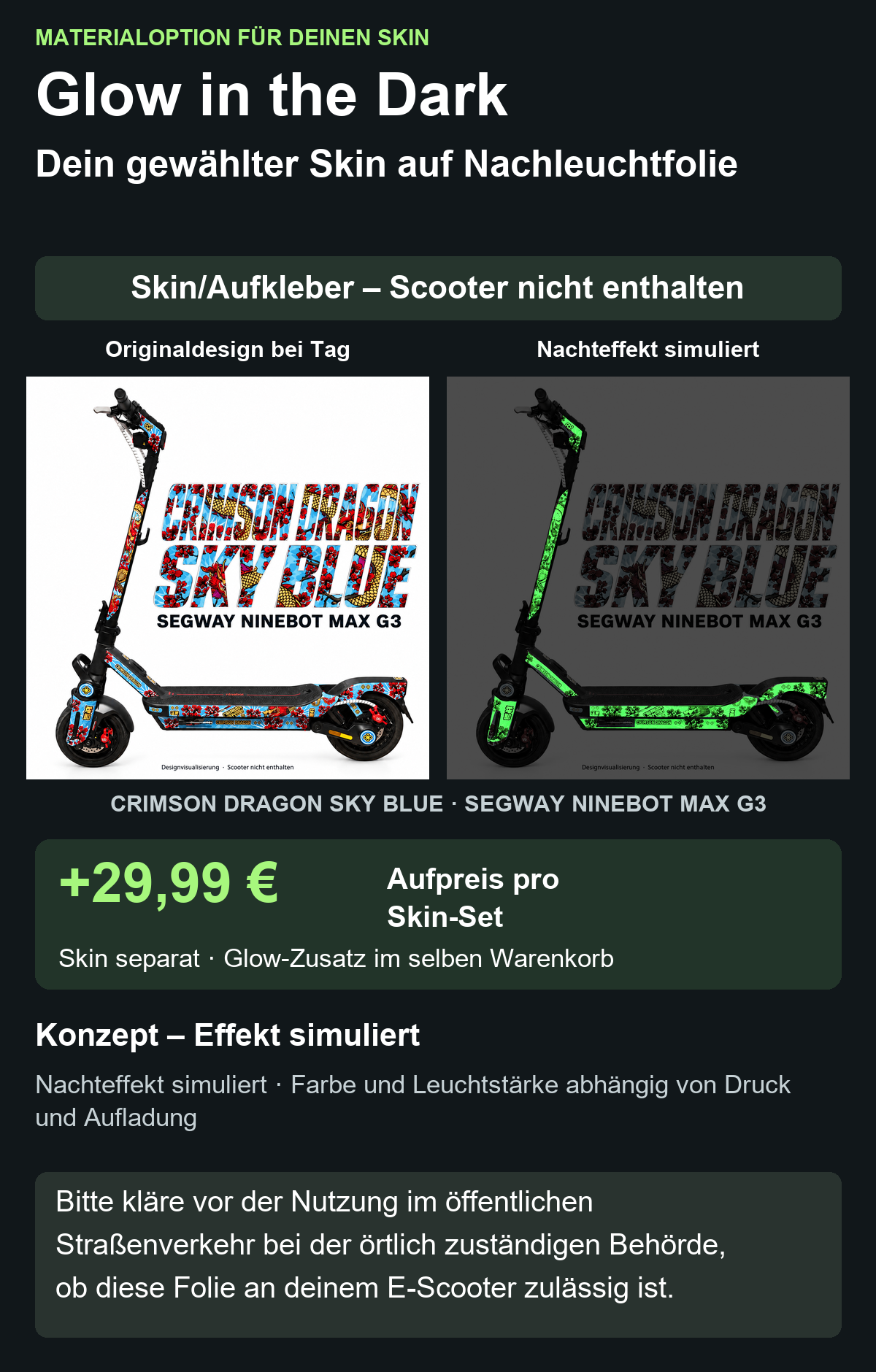 Crimson Dragon Sky Blue auf MAX G3 – Originaldesign bei Tag und simulierter grüner Nachteffekt; Skin separat, Scooter nicht enthalten. Bitte kläre vor der Nutzung im öffentlichen Straßenverkehr bei der örtlich zuständigen Behörde, ob diese Folie an deinem E-Scooter zulässig ist.