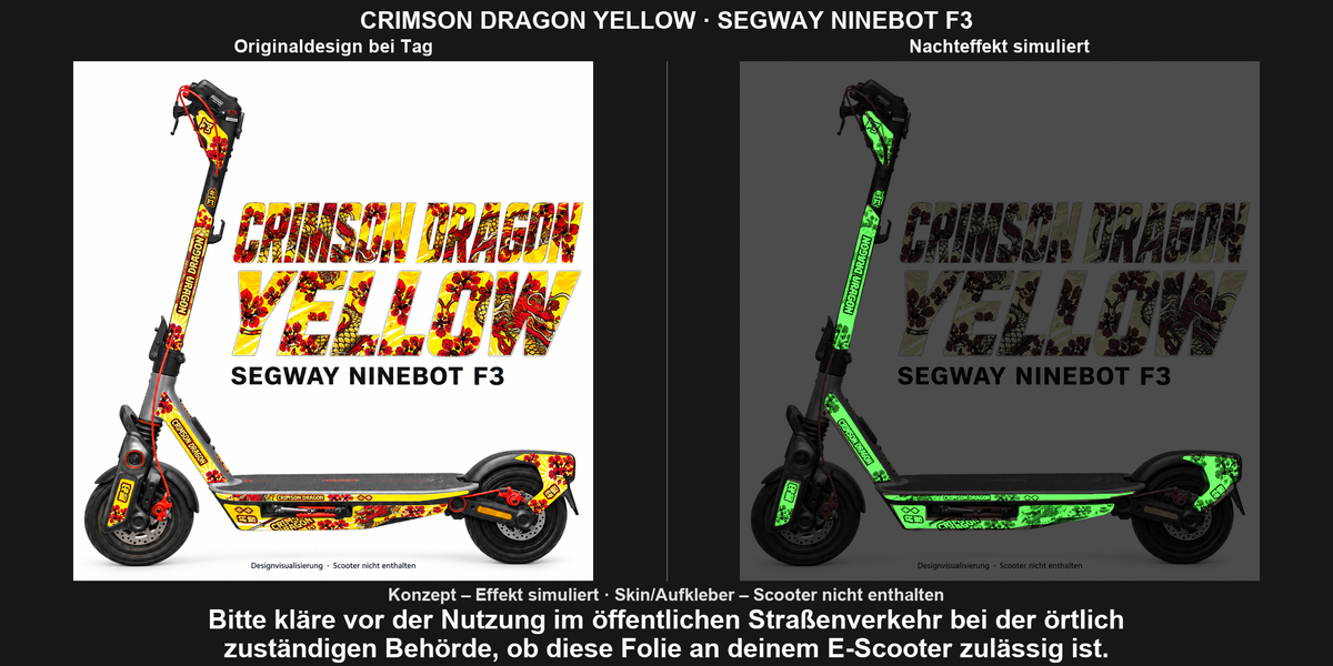 Crimson Dragon Yellow / Segway Ninebot F3: Originaldesign bei Tag und simulierter grüner Nachteffekt nur auf Skinflächen. Konzept; Scooter nicht enthalten. Bitte kläre vor der Nutzung im öffentlichen Straßenverkehr bei der örtlich zuständigen Behörde, ob diese Folie an deinem E-Scooter zulässig ist.