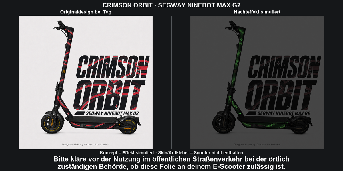 CRIMSON ORBIT · SEGWAY NINEBOT MAX G2 – Original bei Tag und simulierter grüner Nachleuchteffekt; Effekt simuliert; Scooter nicht enthalten. Bitte kläre vor der Nutzung im öffentlichen Straßenverkehr bei der örtlich zuständigen Behörde, ob diese Folie an deinem E-Scooter zulässig ist.