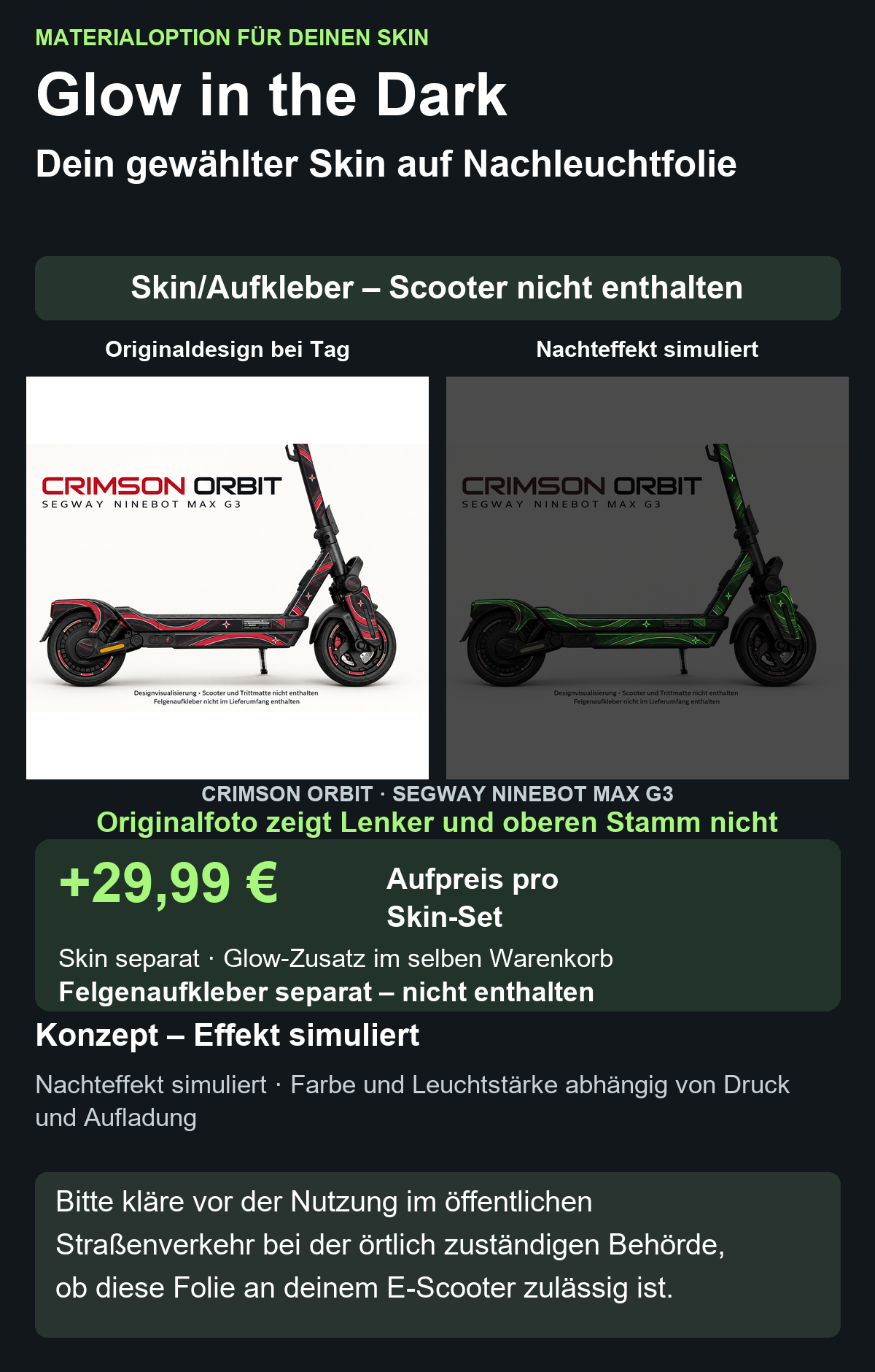 Originalfoto zeigt Lenker und oberen Stamm nicht; CRIMSON ORBIT · SEGWAY NINEBOT MAX G3 – Glow Zusatzoption +29,99 €; Skin separat; Effekt simuliert; Scooter nicht enthalten. Bitte kläre vor der Nutzung im öffentlichen Straßenverkehr bei der örtlich zuständigen Behörde, ob diese Folie an deinem E-Scooter zulässig ist.