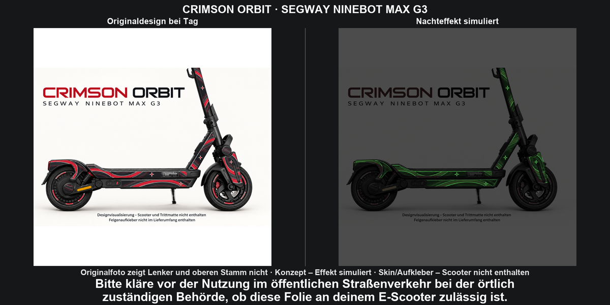 Originalfoto zeigt Lenker und oberen Stamm nicht; CRIMSON ORBIT · SEGWAY NINEBOT MAX G3 – Original bei Tag und simulierter grüner Nachleuchteffekt; Effekt simuliert; Scooter nicht enthalten. Bitte kläre vor der Nutzung im öffentlichen Straßenverkehr bei der örtlich zuständigen Behörde, ob diese Folie an deinem E-Scooter zulässig ist.