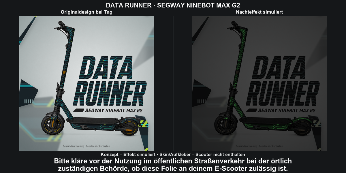 DATA RUNNER · SEGWAY NINEBOT MAX G2 – Original bei Tag und simulierter grüner Nachleuchteffekt; Effekt simuliert; Scooter nicht enthalten. Bitte kläre vor der Nutzung im öffentlichen Straßenverkehr bei der örtlich zuständigen Behörde, ob diese Folie an deinem E-Scooter zulässig ist.