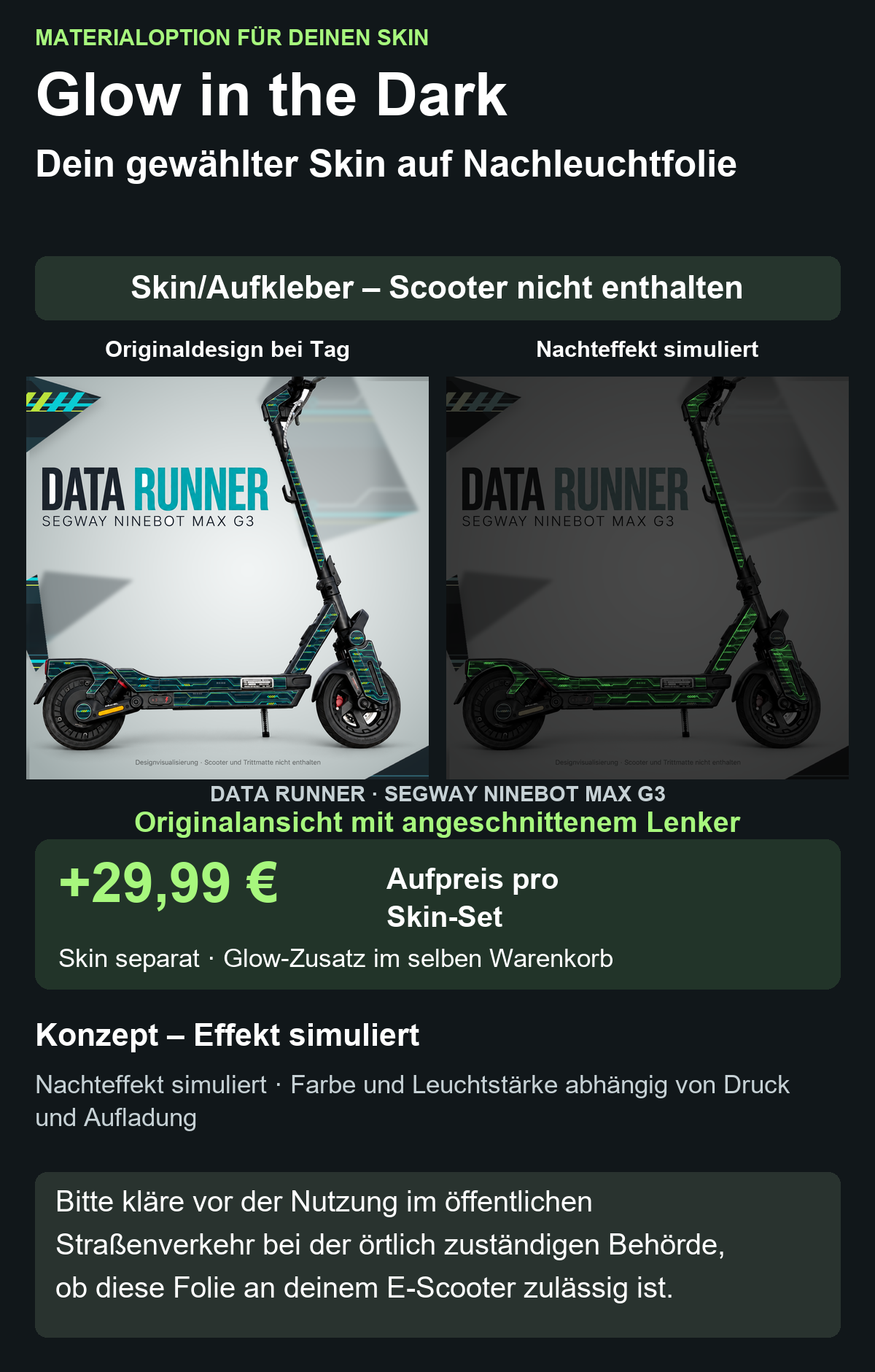 Originalansicht mit angeschnittenem Lenker; DATA RUNNER · SEGWAY NINEBOT MAX G3 – Glow Zusatzoption +29,99 €; Skin separat; Effekt simuliert; Scooter nicht enthalten. Bitte kläre vor der Nutzung im öffentlichen Straßenverkehr bei der örtlich zuständigen Behörde, ob diese Folie an deinem E-Scooter zulässig ist.