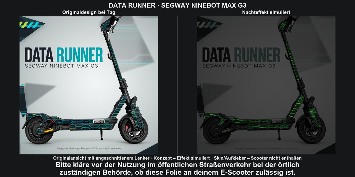 Originalansicht mit angeschnittenem Lenker; DATA RUNNER · SEGWAY NINEBOT MAX G3 – Original bei Tag und simulierter grüner Nachleuchteffekt; Effekt simuliert; Scooter nicht enthalten. Bitte kläre vor der Nutzung im öffentlichen Straßenverkehr bei der örtlich zuständigen Behörde, ob diese Folie an deinem E-Scooter zulässig ist.