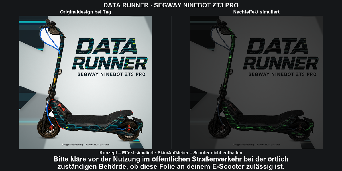 DATA RUNNER · SEGWAY NINEBOT ZT3 PRO – Original bei Tag und simulierter grüner Nachleuchteffekt; Effekt simuliert; Scooter nicht enthalten. Bitte kläre vor der Nutzung im öffentlichen Straßenverkehr bei der örtlich zuständigen Behörde, ob diese Folie an deinem E-Scooter zulässig ist.