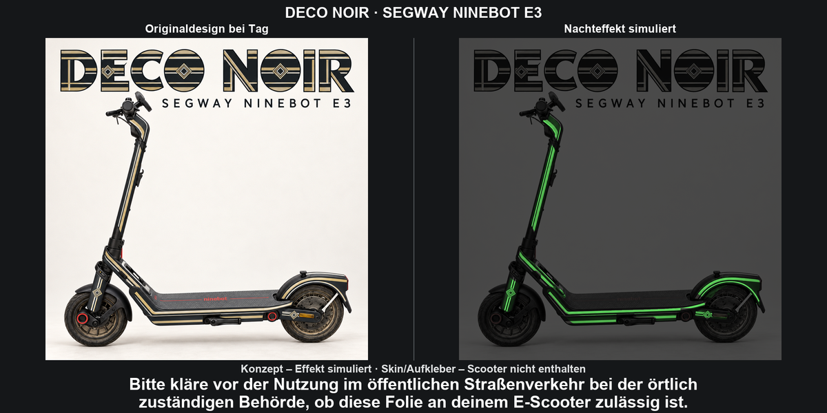 DECO NOIR · SEGWAY NINEBOT E3 – Original bei Tag und simulierter grüner Nachleuchteffekt; Effekt simuliert; Scooter nicht enthalten. Bitte kläre vor der Nutzung im öffentlichen Straßenverkehr bei der örtlich zuständigen Behörde, ob diese Folie an deinem E-Scooter zulässig ist.