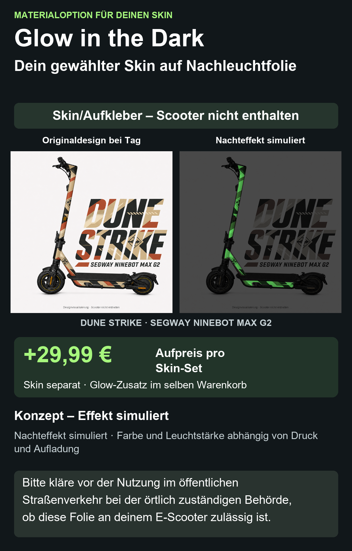 DUNE STRIKE · SEGWAY NINEBOT MAX G2 – Glow Zusatzoption +29,99 €; Skin separat; Effekt simuliert; Scooter nicht enthalten. Bitte kläre vor der Nutzung im öffentlichen Straßenverkehr bei der örtlich zuständigen Behörde, ob diese Folie an deinem E-Scooter zulässig ist.