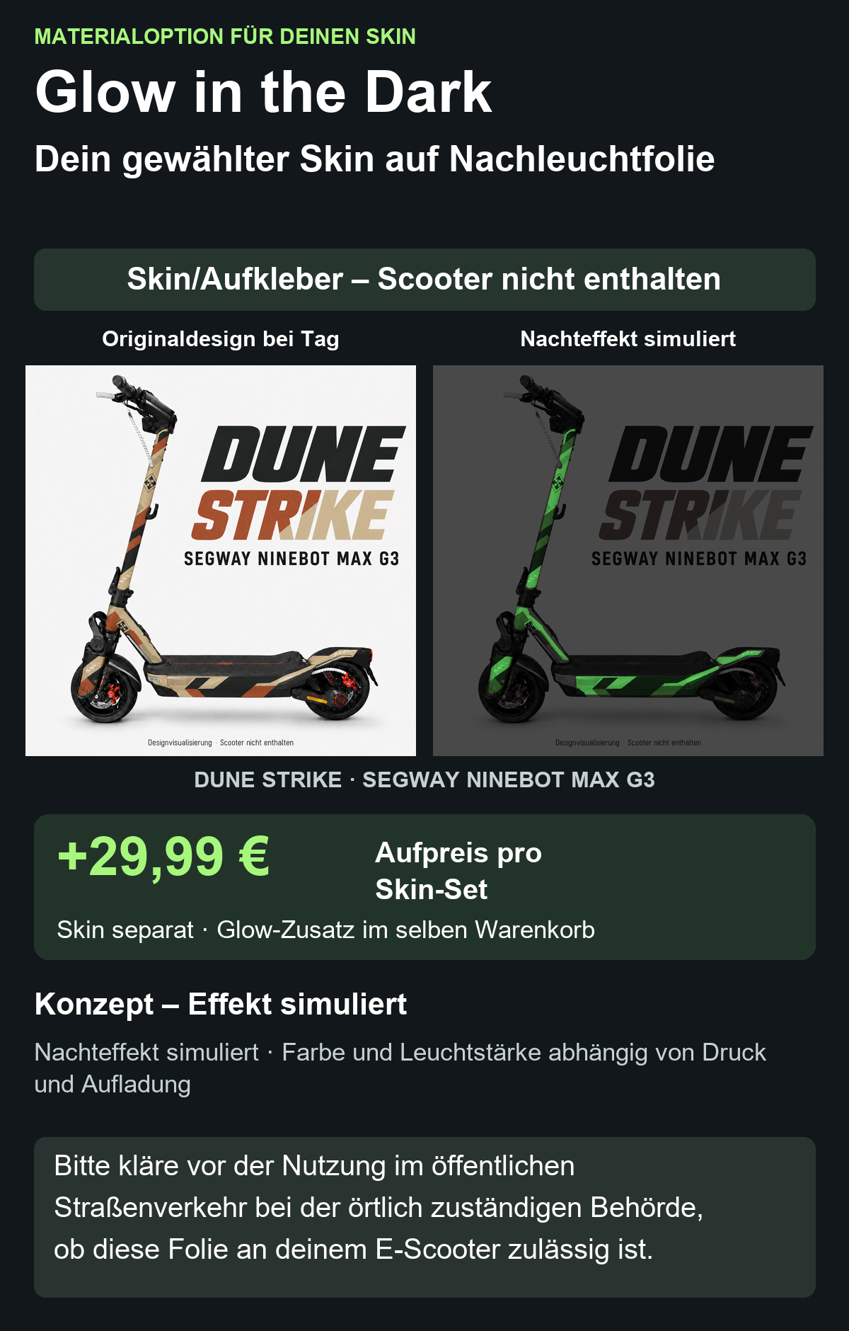 DUNE STRIKE · SEGWAY NINEBOT MAX G3 – Glow Zusatzoption +29,99 €; Skin separat; Effekt simuliert; Scooter nicht enthalten. Bitte kläre vor der Nutzung im öffentlichen Straßenverkehr bei der örtlich zuständigen Behörde, ob diese Folie an deinem E-Scooter zulässig ist.