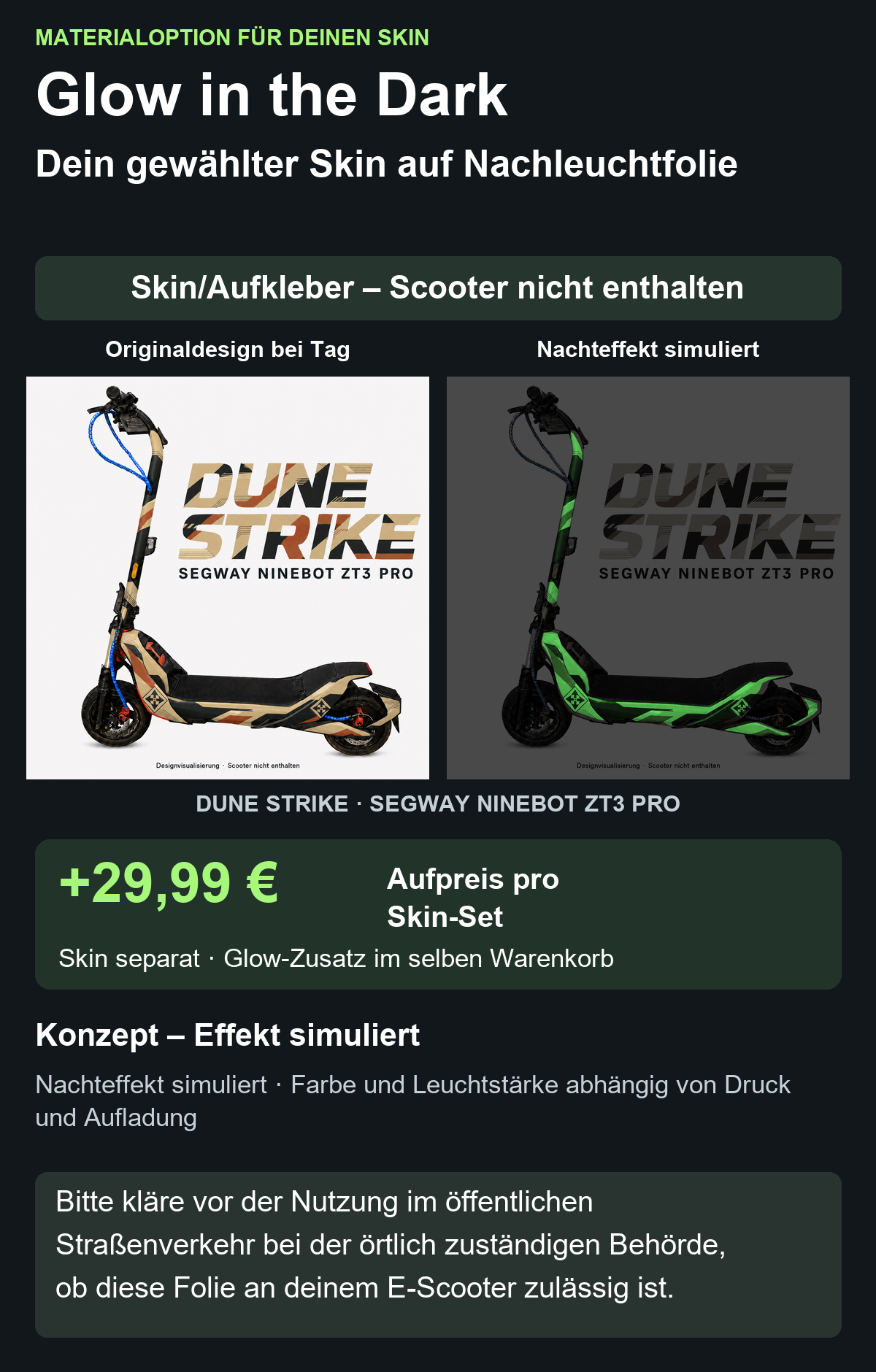 DUNE STRIKE · SEGWAY NINEBOT ZT3 PRO – Glow Zusatzoption +29,99 €; Skin separat; Effekt simuliert; Scooter nicht enthalten. Bitte kläre vor der Nutzung im öffentlichen Straßenverkehr bei der örtlich zuständigen Behörde, ob diese Folie an deinem E-Scooter zulässig ist.