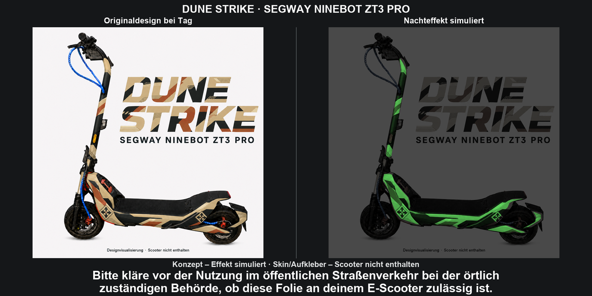 DUNE STRIKE · SEGWAY NINEBOT ZT3 PRO – Original bei Tag und simulierter grüner Nachleuchteffekt; Effekt simuliert; Scooter nicht enthalten. Bitte kläre vor der Nutzung im öffentlichen Straßenverkehr bei der örtlich zuständigen Behörde, ob diese Folie an deinem E-Scooter zulässig ist.
