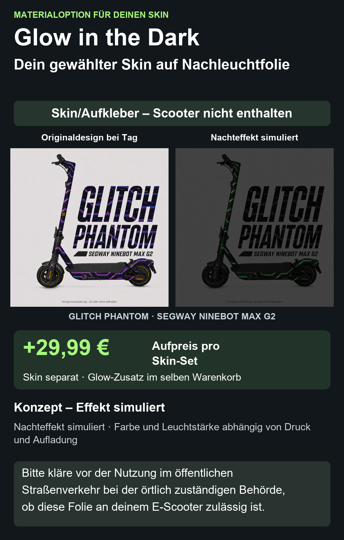 GLITCH PHANTOM · SEGWAY NINEBOT MAX G2 – Glow Zusatzoption +29,99 €; Skin separat; Effekt simuliert; Scooter nicht enthalten. Bitte kläre vor der Nutzung im öffentlichen Straßenverkehr bei der örtlich zuständigen Behörde, ob diese Folie an deinem E-Scooter zulässig ist.