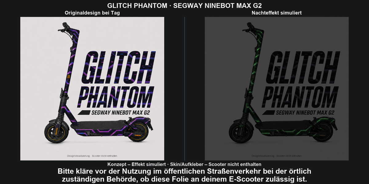 GLITCH PHANTOM · SEGWAY NINEBOT MAX G2 – Original bei Tag und simulierter grüner Nachleuchteffekt; Effekt simuliert; Scooter nicht enthalten. Bitte kläre vor der Nutzung im öffentlichen Straßenverkehr bei der örtlich zuständigen Behörde, ob diese Folie an deinem E-Scooter zulässig ist.