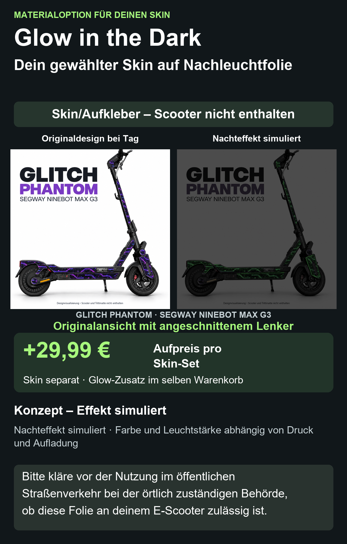 Originalansicht mit angeschnittenem Lenker; GLITCH PHANTOM · SEGWAY NINEBOT MAX G3 – Glow Zusatzoption +29,99 €; Skin separat; Effekt simuliert; Scooter nicht enthalten. Bitte kläre vor der Nutzung im öffentlichen Straßenverkehr bei der örtlich zuständigen Behörde, ob diese Folie an deinem E-Scooter zulässig ist.