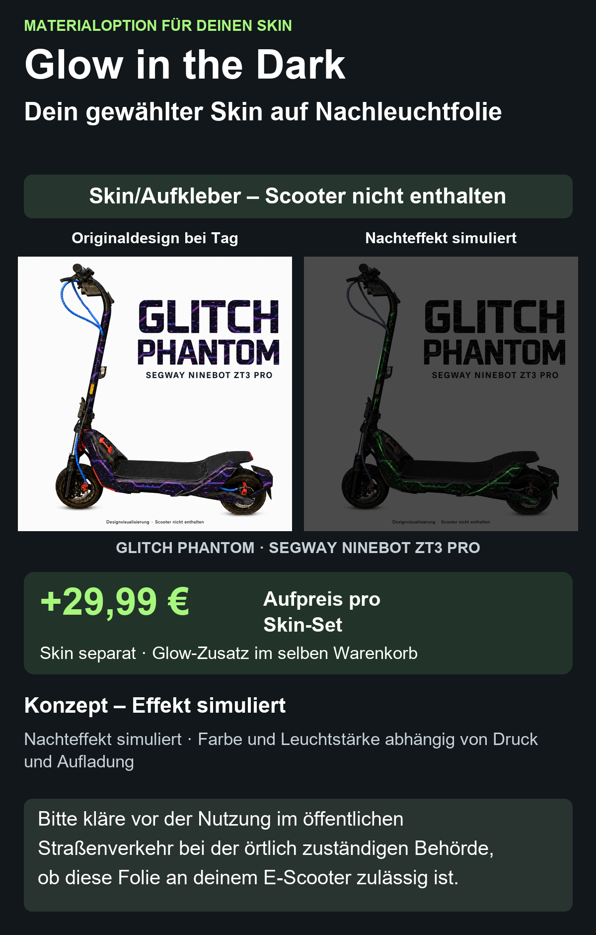 GLITCH PHANTOM · SEGWAY NINEBOT ZT3 PRO – Glow Zusatzoption +29,99 €; Skin separat; Effekt simuliert; Scooter nicht enthalten. Bitte kläre vor der Nutzung im öffentlichen Straßenverkehr bei der örtlich zuständigen Behörde, ob diese Folie an deinem E-Scooter zulässig ist.