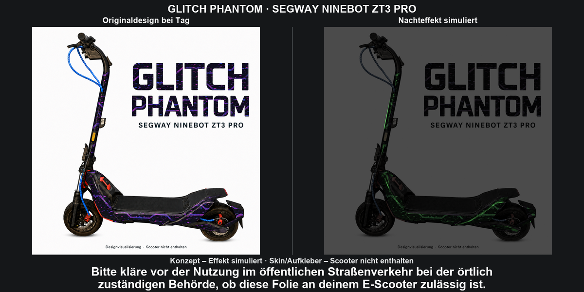 GLITCH PHANTOM · SEGWAY NINEBOT ZT3 PRO – Original bei Tag und simulierter grüner Nachleuchteffekt; Effekt simuliert; Scooter nicht enthalten. Bitte kläre vor der Nutzung im öffentlichen Straßenverkehr bei der örtlich zuständigen Behörde, ob diese Folie an deinem E-Scooter zulässig ist.