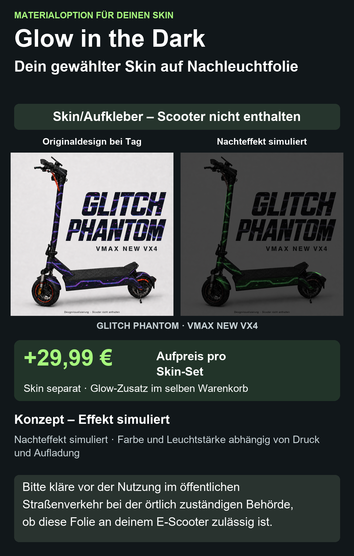 GLITCH PHANTOM · VMAX NEW VX4 – Glow Zusatzoption +29,99 €; Skin separat; Effekt simuliert; Scooter nicht enthalten. Bitte kläre vor der Nutzung im öffentlichen Straßenverkehr bei der örtlich zuständigen Behörde, ob diese Folie an deinem E-Scooter zulässig ist.