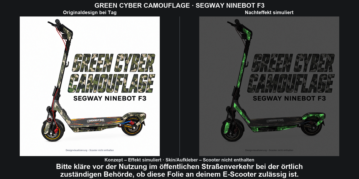 GREEN CYBER CAMOUFLAGE · SEGWAY NINEBOT F3 – Original bei Tag und simulierter grüner Nachleuchteffekt; Effekt simuliert; Scooter nicht enthalten. Bitte kläre vor der Nutzung im öffentlichen Straßenverkehr bei der örtlich zuständigen Behörde, ob diese Folie an deinem E-Scooter zulässig ist.