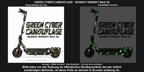 GREEN CYBER CAMOUFLAGE · SEGWAY NINEBOT MAX G2 – Original bei Tag und simulierter grüner Nachleuchteffekt; Effekt simuliert; Scooter nicht enthalten. Bitte kläre vor der Nutzung im öffentlichen Straßenverkehr bei der örtlich zuständigen Behörde, ob diese Folie an deinem E-Scooter zulässig ist.