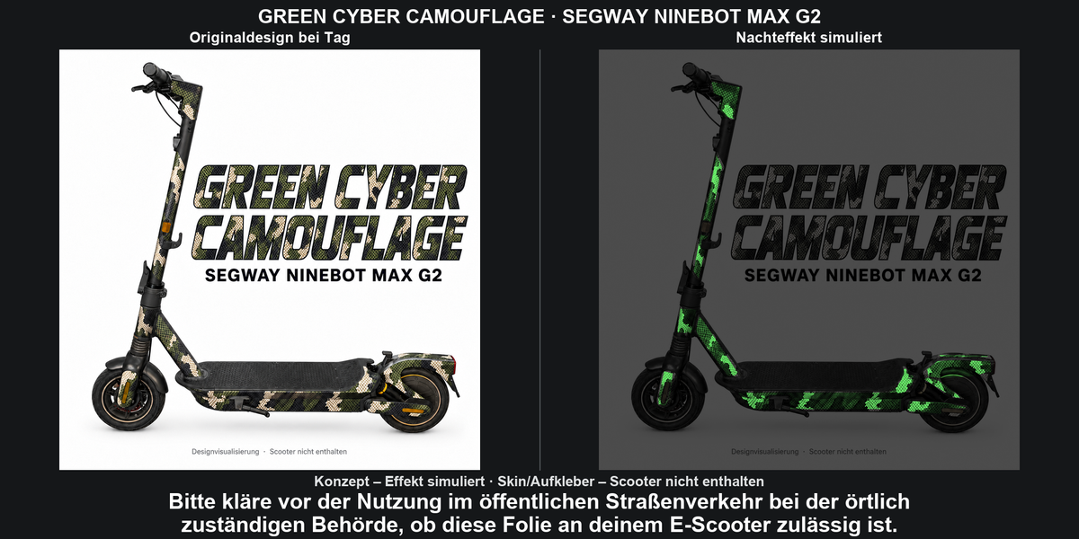 GREEN CYBER CAMOUFLAGE · SEGWAY NINEBOT MAX G2 – Original bei Tag und simulierter grüner Nachleuchteffekt; Effekt simuliert; Scooter nicht enthalten. Bitte kläre vor der Nutzung im öffentlichen Straßenverkehr bei der örtlich zuständigen Behörde, ob diese Folie an deinem E-Scooter zulässig ist.