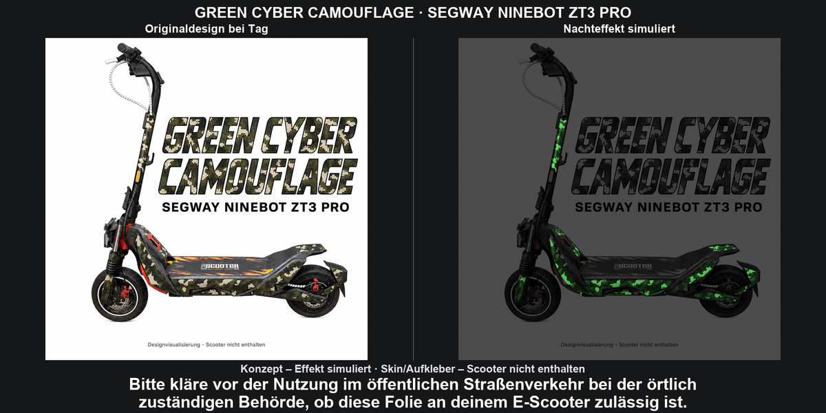 GREEN CYBER CAMOUFLAGE · SEGWAY NINEBOT ZT3 PRO – Original bei Tag und simulierter grüner Nachleuchteffekt; Effekt simuliert; Scooter nicht enthalten. Bitte kläre vor der Nutzung im öffentlichen Straßenverkehr bei der örtlich zuständigen Behörde, ob diese Folie an deinem E-Scooter zulässig ist.