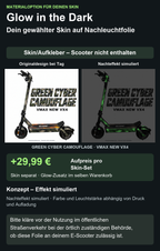 GREEN CYBER CAMOUFLAGE · VMAX NEW VX4 – Glow Zusatzoption +29,99 €; Skin separat; Effekt simuliert; Scooter nicht enthalten. Bitte kläre vor der Nutzung im öffentlichen Straßenverkehr bei der örtlich zuständigen Behörde, ob diese Folie an deinem E-Scooter zulässig ist.