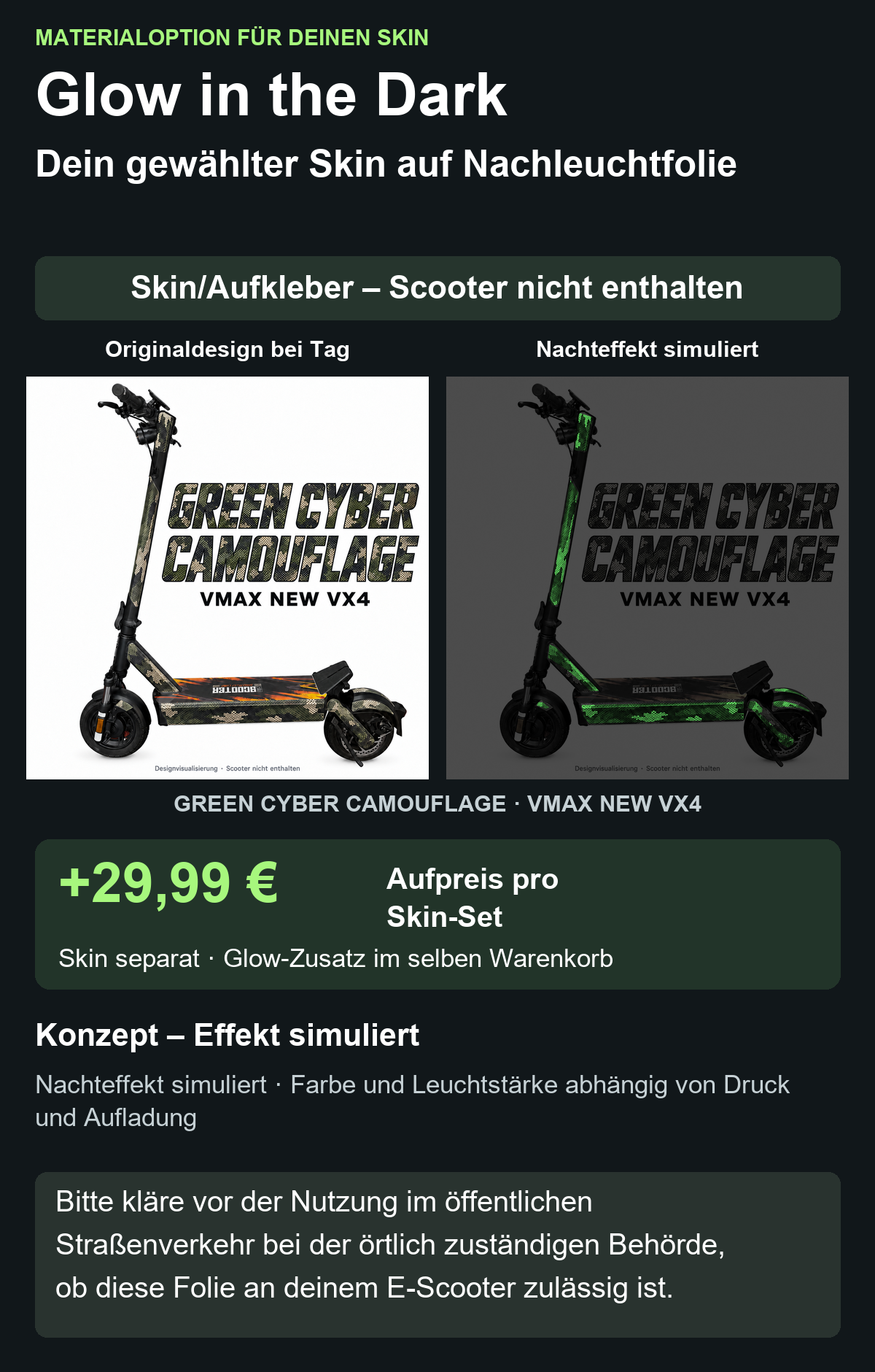 GREEN CYBER CAMOUFLAGE · VMAX NEW VX4 – Glow Zusatzoption +29,99 €; Skin separat; Effekt simuliert; Scooter nicht enthalten. Bitte kläre vor der Nutzung im öffentlichen Straßenverkehr bei der örtlich zuständigen Behörde, ob diese Folie an deinem E-Scooter zulässig ist.