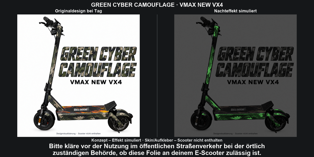 GREEN CYBER CAMOUFLAGE · VMAX NEW VX4 – Original bei Tag und simulierter grüner Nachleuchteffekt; Effekt simuliert; Scooter nicht enthalten. Bitte kläre vor der Nutzung im öffentlichen Straßenverkehr bei der örtlich zuständigen Behörde, ob diese Folie an deinem E-Scooter zulässig ist.