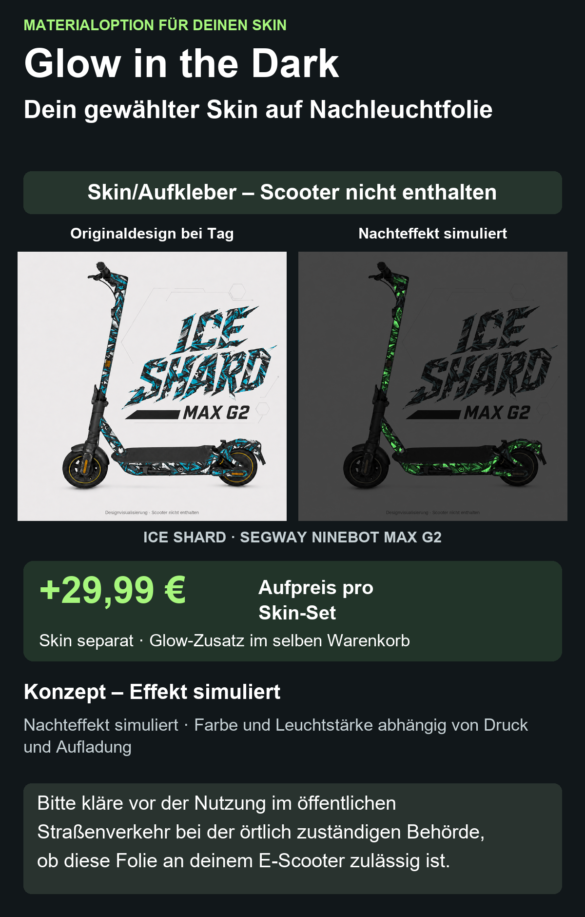 ICE SHARD · SEGWAY NINEBOT MAX G2 – Glow Zusatzoption +29,99 €; Skin separat; Effekt simuliert; Scooter nicht enthalten. Bitte kläre vor der Nutzung im öffentlichen Straßenverkehr bei der örtlich zuständigen Behörde, ob diese Folie an deinem E-Scooter zulässig ist.