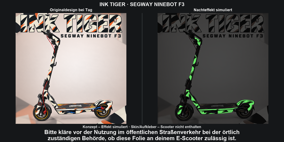 INK TIGER · SEGWAY NINEBOT F3 – Original bei Tag und simulierter grüner Nachleuchteffekt; Effekt simuliert; Scooter nicht enthalten. Bitte kläre vor der Nutzung im öffentlichen Straßenverkehr bei der örtlich zuständigen Behörde, ob diese Folie an deinem E-Scooter zulässig ist.