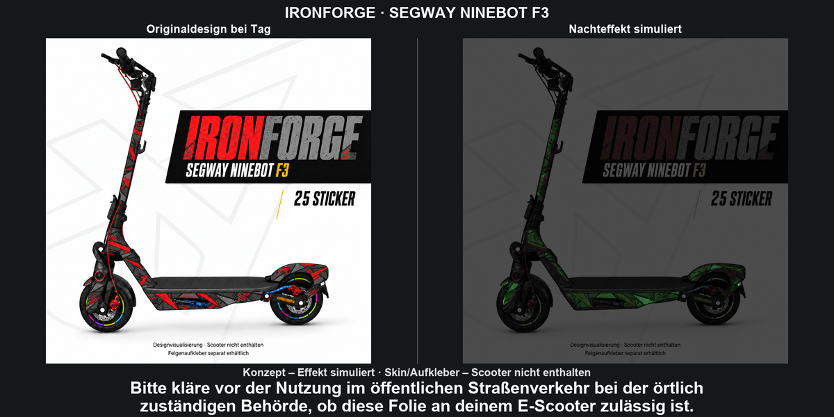 IRONFORGE · SEGWAY NINEBOT F3 – Original bei Tag und simulierter grüner Nachleuchteffekt; Effekt simuliert; Scooter nicht enthalten. Bitte kläre vor der Nutzung im öffentlichen Straßenverkehr bei der örtlich zuständigen Behörde, ob diese Folie an deinem E-Scooter zulässig ist.