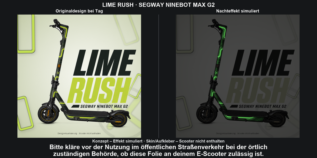 LIME RUSH · SEGWAY NINEBOT MAX G2 – Original bei Tag und simulierter grüner Nachleuchteffekt; Effekt simuliert; Scooter nicht enthalten. Bitte kläre vor der Nutzung im öffentlichen Straßenverkehr bei der örtlich zuständigen Behörde, ob diese Folie an deinem E-Scooter zulässig ist.