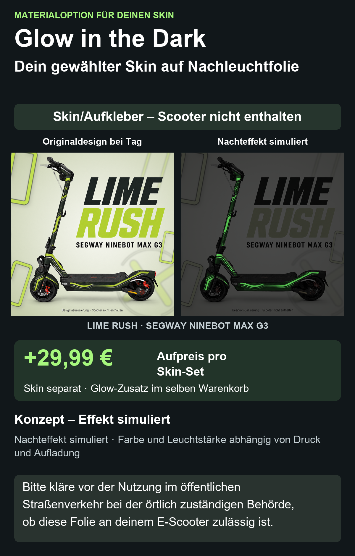 LIME RUSH · SEGWAY NINEBOT MAX G3 – Glow Zusatzoption +29,99 €; Skin separat; Effekt simuliert; Scooter nicht enthalten. Bitte kläre vor der Nutzung im öffentlichen Straßenverkehr bei der örtlich zuständigen Behörde, ob diese Folie an deinem E-Scooter zulässig ist.