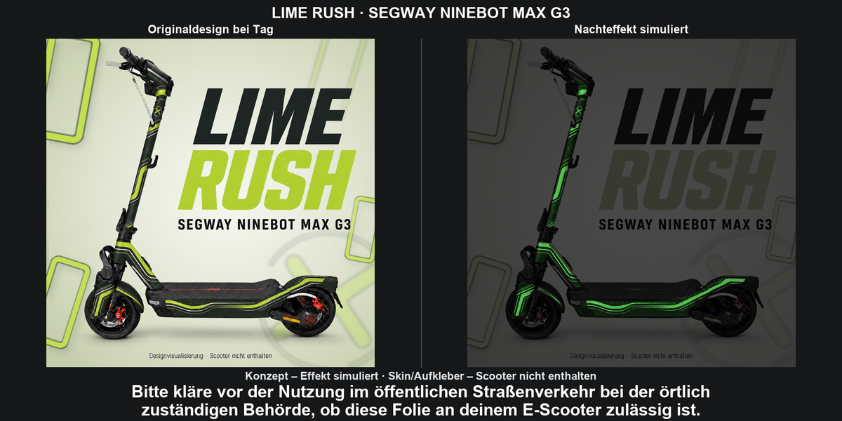 LIME RUSH · SEGWAY NINEBOT MAX G3 – Original bei Tag und simulierter grüner Nachleuchteffekt; Effekt simuliert; Scooter nicht enthalten. Bitte kläre vor der Nutzung im öffentlichen Straßenverkehr bei der örtlich zuständigen Behörde, ob diese Folie an deinem E-Scooter zulässig ist.