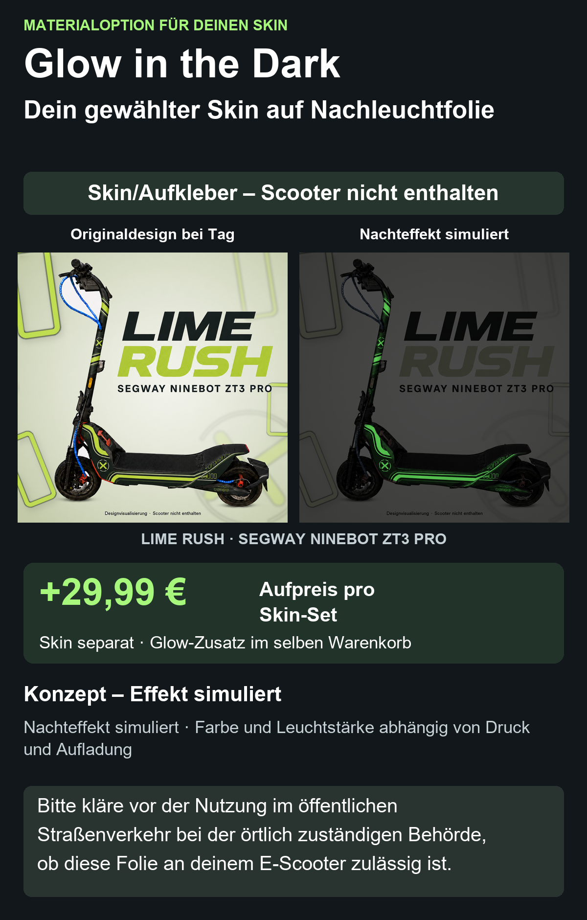 LIME RUSH · SEGWAY NINEBOT ZT3 PRO – Glow Zusatzoption +29,99 €; Skin separat; Effekt simuliert; Scooter nicht enthalten. Bitte kläre vor der Nutzung im öffentlichen Straßenverkehr bei der örtlich zuständigen Behörde, ob diese Folie an deinem E-Scooter zulässig ist.