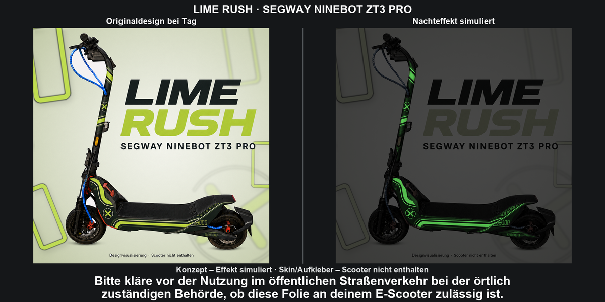 LIME RUSH · SEGWAY NINEBOT ZT3 PRO – Original bei Tag und simulierter grüner Nachleuchteffekt; Effekt simuliert; Scooter nicht enthalten. Bitte kläre vor der Nutzung im öffentlichen Straßenverkehr bei der örtlich zuständigen Behörde, ob diese Folie an deinem E-Scooter zulässig ist.