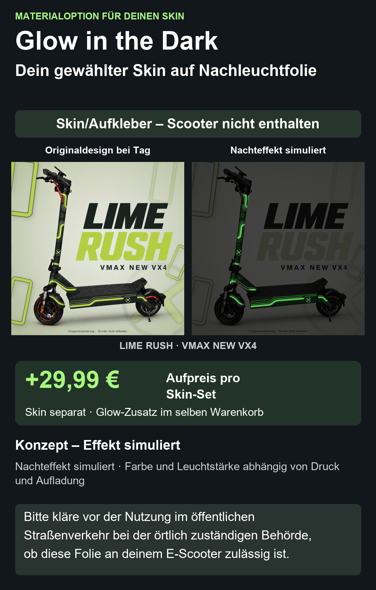 LIME RUSH · VMAX NEW VX4 – Glow Zusatzoption +29,99 €; Skin separat; Effekt simuliert; Scooter nicht enthalten. Bitte kläre vor der Nutzung im öffentlichen Straßenverkehr bei der örtlich zuständigen Behörde, ob diese Folie an deinem E-Scooter zulässig ist.
