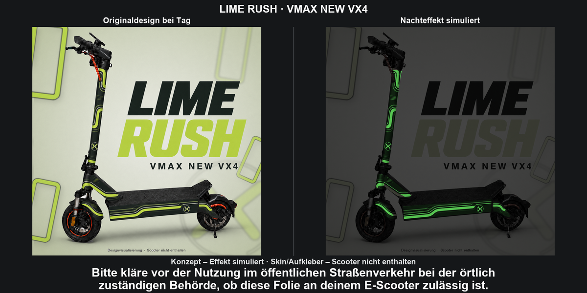 LIME RUSH · VMAX NEW VX4 – Original bei Tag und simulierter grüner Nachleuchteffekt; Effekt simuliert; Scooter nicht enthalten. Bitte kläre vor der Nutzung im öffentlichen Straßenverkehr bei der örtlich zuständigen Behörde, ob diese Folie an deinem E-Scooter zulässig ist.