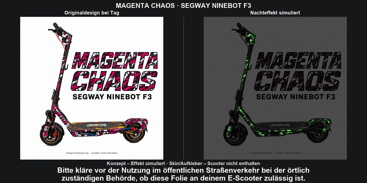 MAGENTA CHAOS · SEGWAY NINEBOT F3 – Original bei Tag und simulierter grüner Nachleuchteffekt; Effekt simuliert; Scooter nicht enthalten. Bitte kläre vor der Nutzung im öffentlichen Straßenverkehr bei der örtlich zuständigen Behörde, ob diese Folie an deinem E-Scooter zulässig ist.