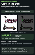 MAGENTA CHAOS · VMAX NEW VX4 – Glow Zusatzoption +29,99 €; Skin separat; Effekt simuliert; Scooter nicht enthalten. Bitte kläre vor der Nutzung im öffentlichen Straßenverkehr bei der örtlich zuständigen Behörde, ob diese Folie an deinem E-Scooter zulässig ist.