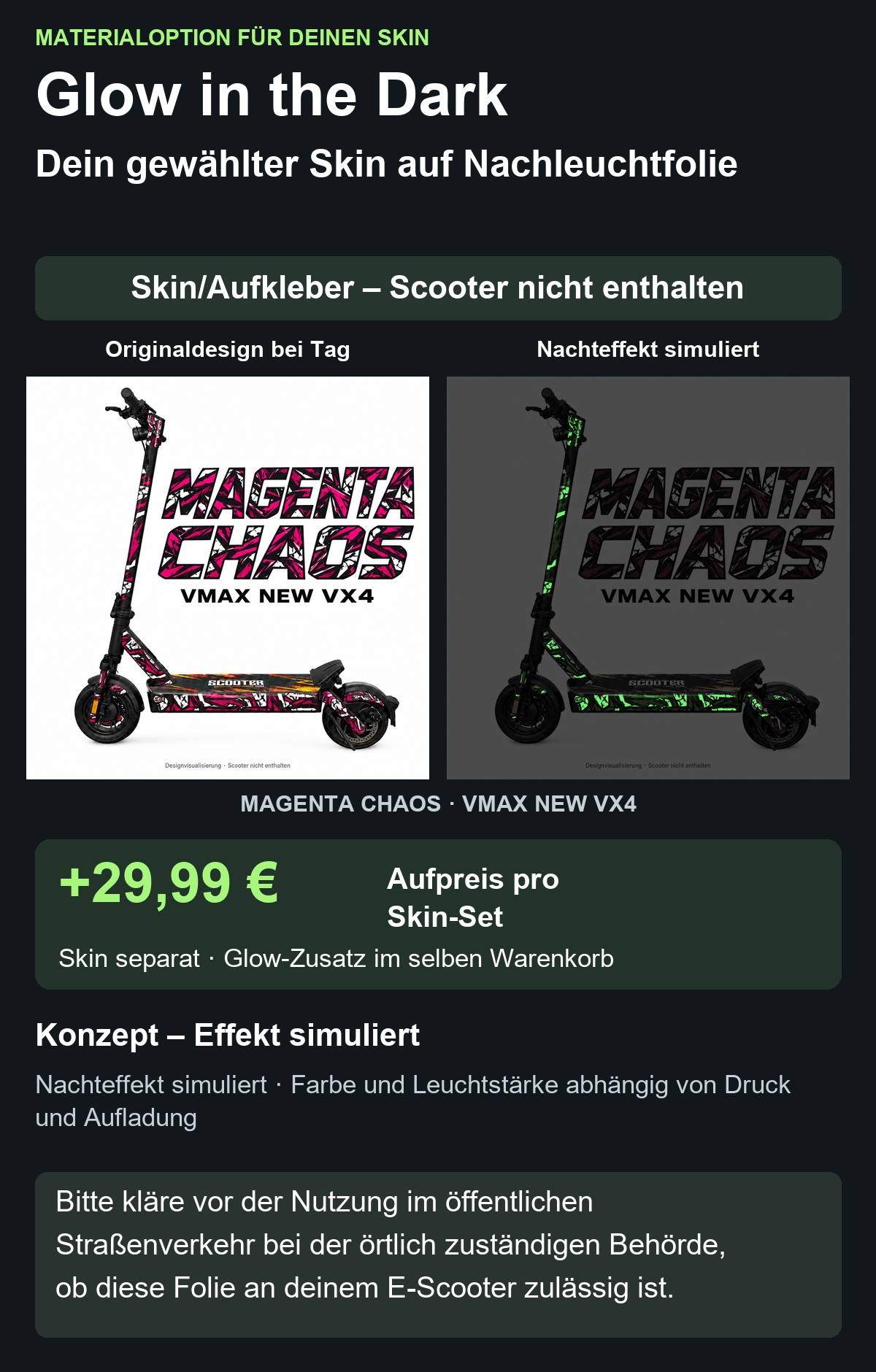 MAGENTA CHAOS · VMAX NEW VX4 – Glow Zusatzoption +29,99 €; Skin separat; Effekt simuliert; Scooter nicht enthalten. Bitte kläre vor der Nutzung im öffentlichen Straßenverkehr bei der örtlich zuständigen Behörde, ob diese Folie an deinem E-Scooter zulässig ist.